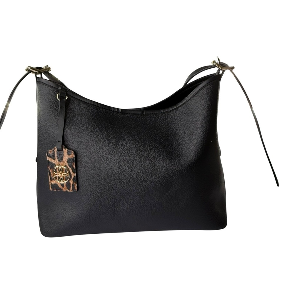 Grossi Black Pebbled Shoulder Bag Leopard Print Charm Gold Tone Hardware